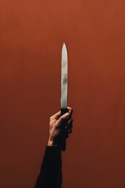 A hand holding a knife against a red wall