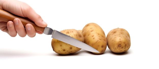 Foto tenere a mano il coltello e tagliare le patate per cucinare ingredienti alimentari