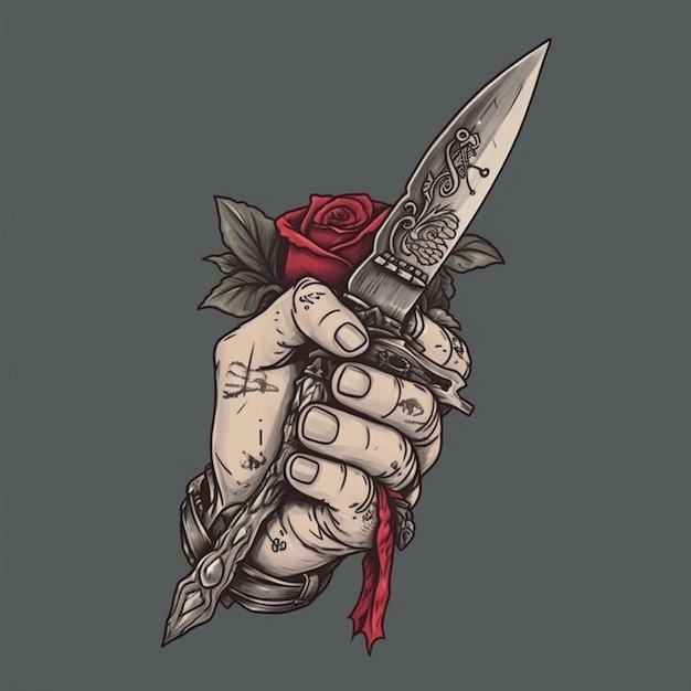 A hand holding a knife with a tattoo on it.