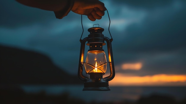 A hand holding a lantern at sunset The lantern is casting a warm glow on the hand and the surrounding area