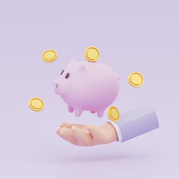 Photo hand holding a large piggy and coin gold coins fly around the piggy bank online payment and investment concept saving money concept 3d render