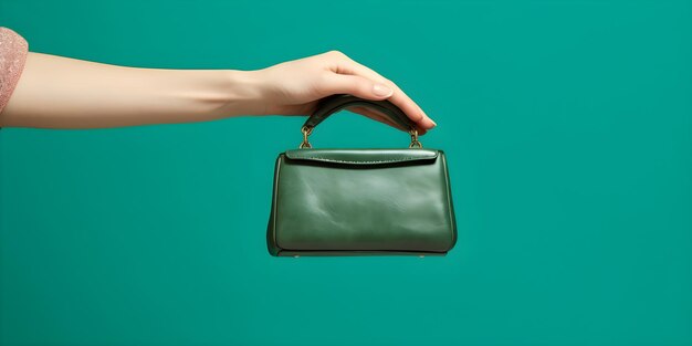 Photo hand holding a leather handbag on a green background