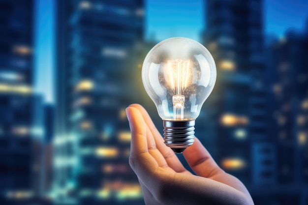 都市の背景に電球を持っている手 イノベーションと創造性のコンセプト 抽象的な都市の背景に光る電球を持っている手 アイデアとイノベーションのコンセプト AI 生成