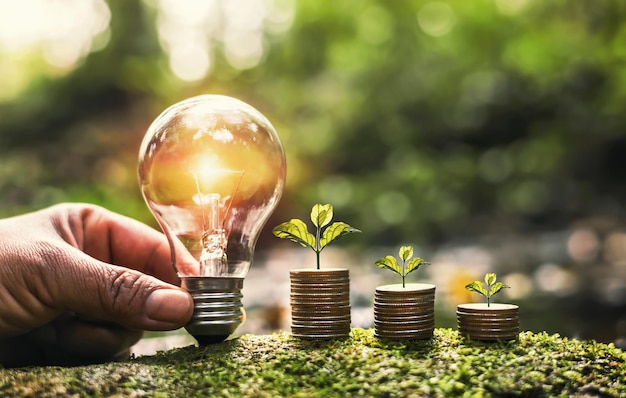 Hand holding light bulb on green grass with young plant growing on coins stack saving power energy and save money