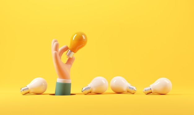 Hand holding light bulb on hole surrounded with white light bulbs on yellow background