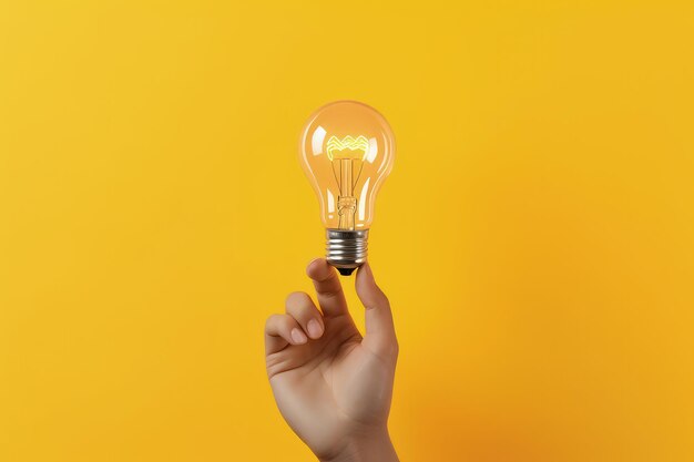 Hand holding light bulb isolated on yellow background concept of ideas and creativity ai