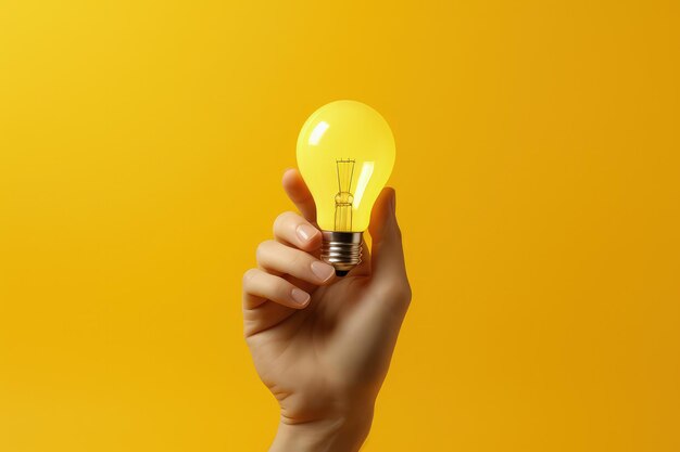 Hand holding light bulb isolated on yellow background concept of ideas and creativity ai