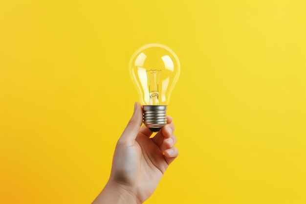 Hand holding light bulb isolated on yellow background concept of ideas and creativity ai