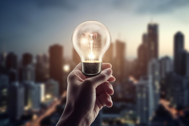 A hand holding a light bulb with a city in the background