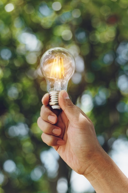 Hand holding light bulb with green background idea solar energy