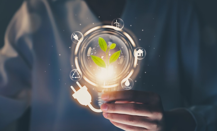 Photo hand holding light bulb with power plug and show trees, renewable energy icons with sustainable development.