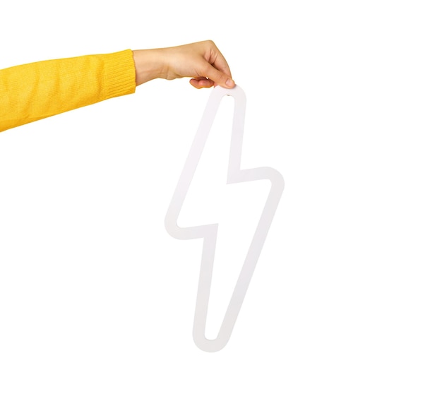 Photo hand holding lightning bolt icon isolated on white background