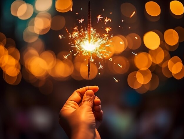 Hand holding a lit sparkler exploding against a dark bokeh backdrop in the night a celebration even