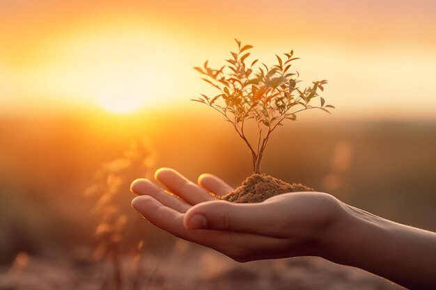 Photo hand holding little tree generate ai