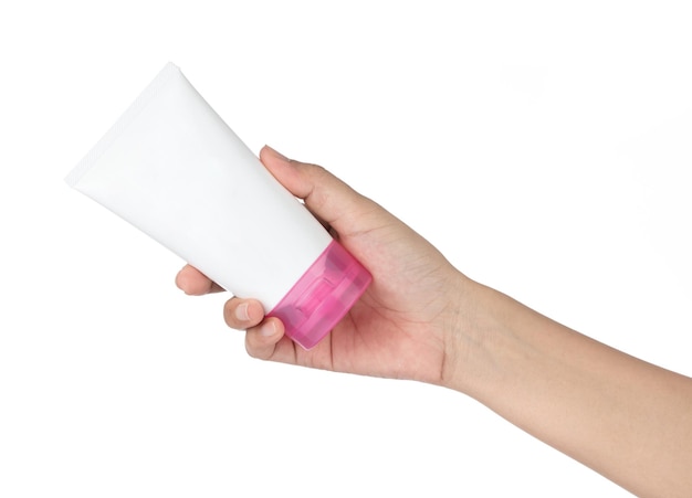 Hand holding lotion skin care package bottle isolated on white background
