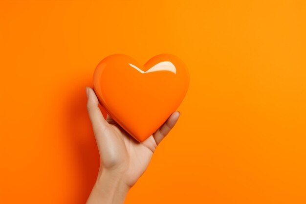 Hand holding a love shape on an orange color background in the style of playful compositions