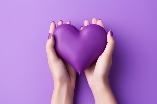 Hand holding a love shape on a purple color background in the style of playful compositions