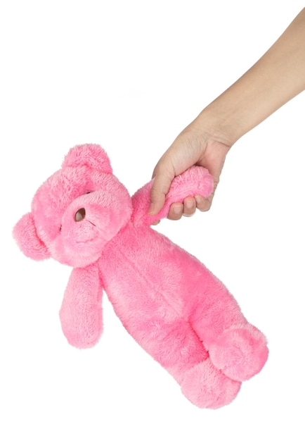 hand holding lovely pink teddy bear isolated on white background