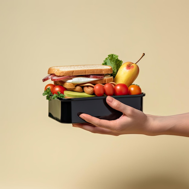 Hand holding lunch box full of vegetables fruits and sandwich on isolated background