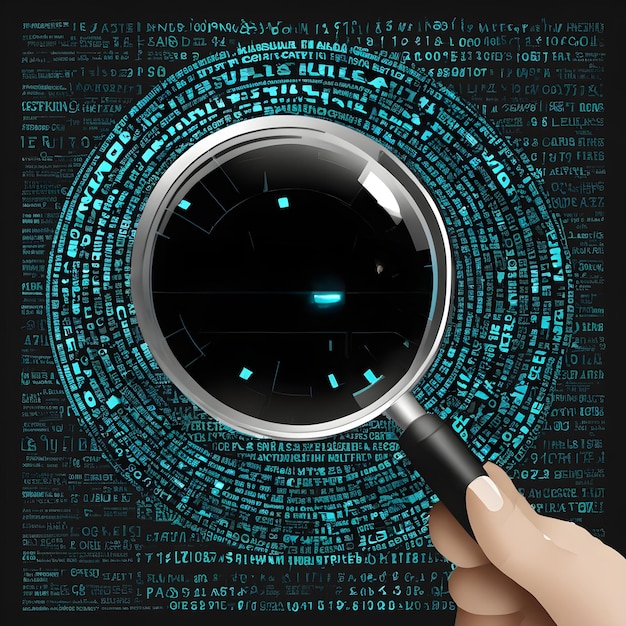 a hand holding a magnifying glass over a background with binary codes