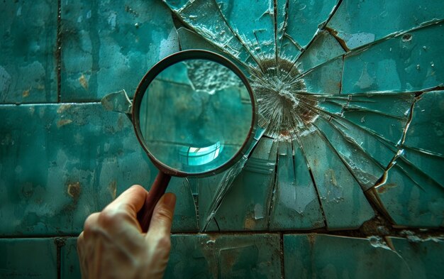 Hand holding magnifying glass in front of broken wall exterior wall inspection photo