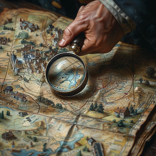 Hand holding a magnifying glass over a map