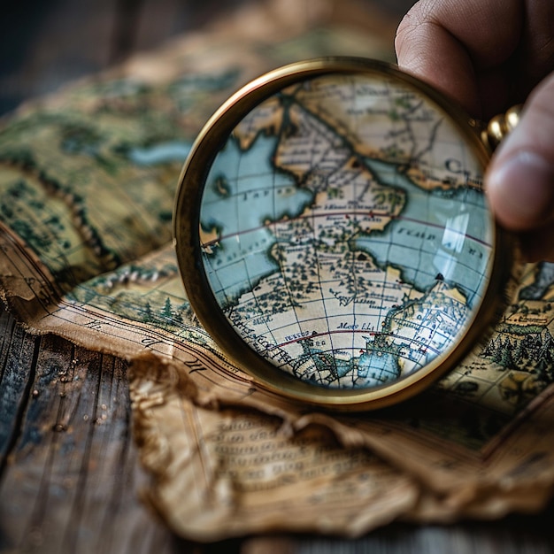 Photo hand holding a magnifying glass over a map