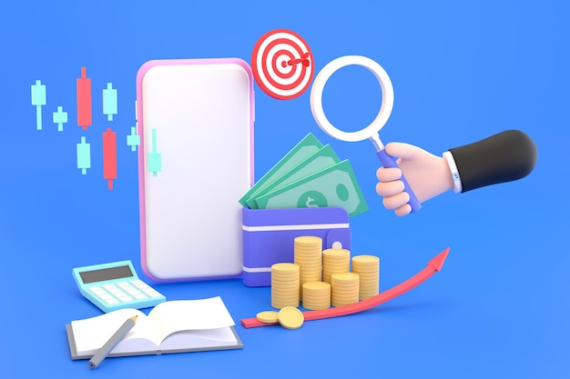 hand holding magnifying glass and mobile phones with piles of coins and calculator stock chart