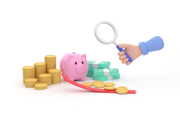 Hand holding magnifying glass and Piggy bank stacks of coins banknotes concept business investment