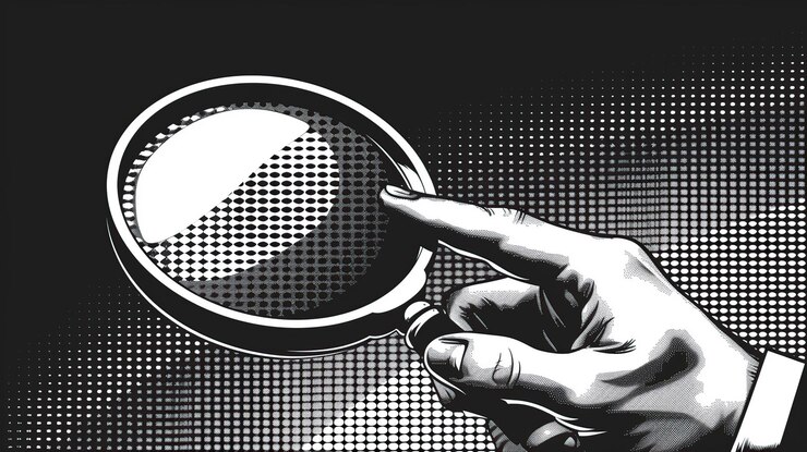 Photo a hand holding a magnifying glass pointing at the lens in a retro black and white comic book style