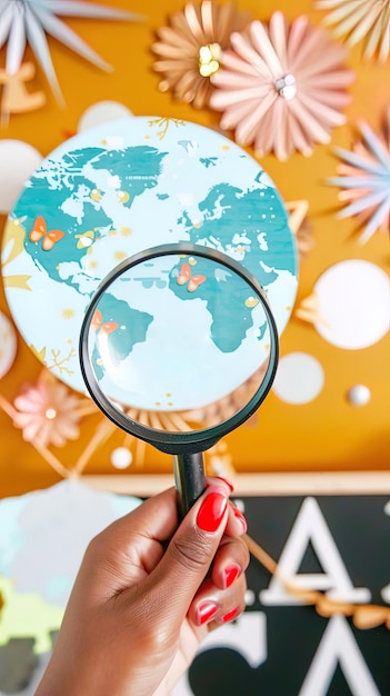 A hand holding a magnifying is looking through a magnifying glass at an illustrated globe