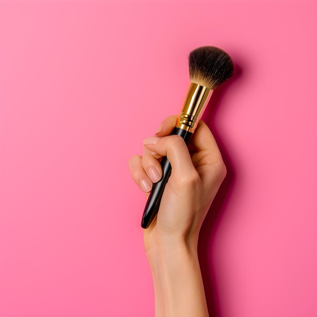 hand holding makeup brush on pink background