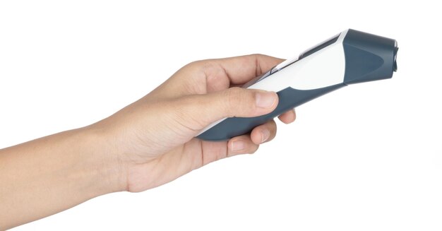 hand holding medical digital ear thermometer with temporal forehead isolated on white background