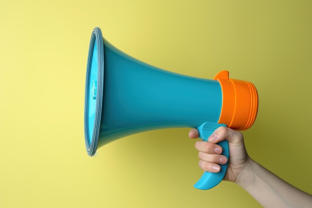 A hand holding a megaphone against a yellow background