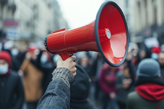 Photo a hand holding megaphone among a group of striking people in backdrop with blurry backdrop generative ai