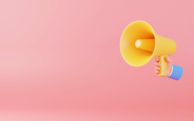 Hand holding Megaphone notification concept on orange background 3D rendering illustration