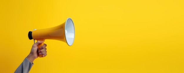Фото Рука держит мегафон на желтом фоне найм рекламы и маркетинговой концепции генеративный ии