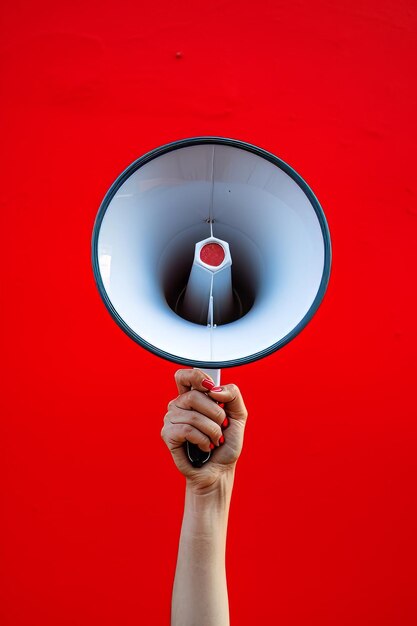 Photo hand holding a megaphone on a red background copy space