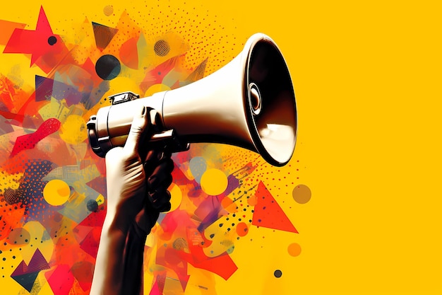 A hand holding a megaphone with a colorful background magazine collage style