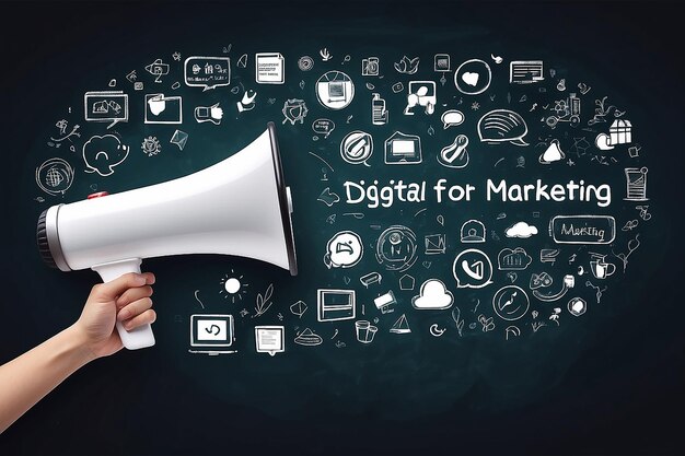 Hand Holding Megaphone With Different Icons For Digital Marketing Concept On Blackboard