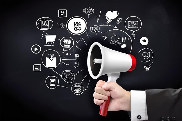 Hand Holding Megaphone With Different Icons For Digital Marketing Concept On Blackboard