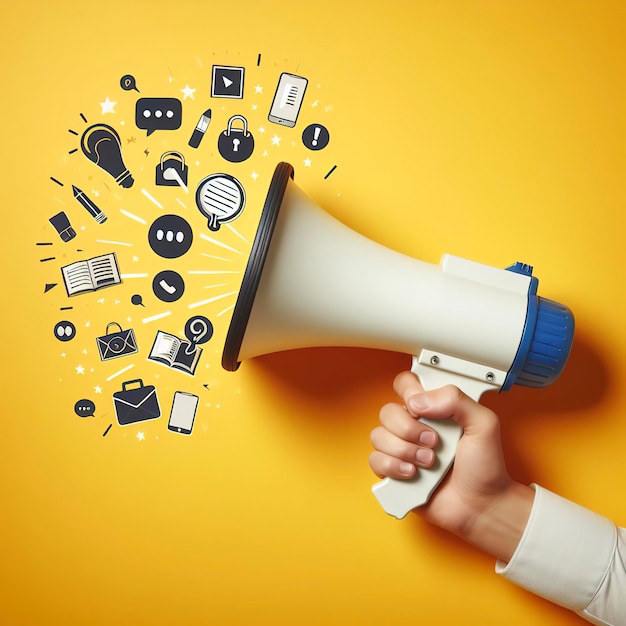 Hand holding megaphone on yellow background ads and sales concept