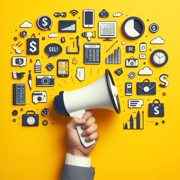 Hand holding megaphone on yellow background ads and sales concept