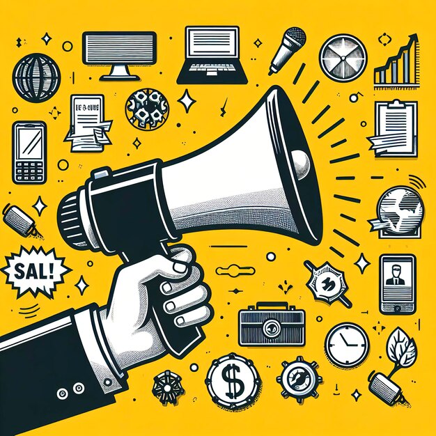 Hand holding megaphone on yellow background ads and sales concept