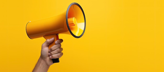 Hand holding megaphone on yellow background space for text promotion and advertisement concept ai