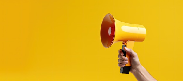 Hand holding megaphone on yellow background space for text promotion and advertisement concept AI