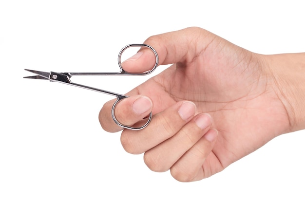 Hand holding A metal brow scissors isolated on a white background.