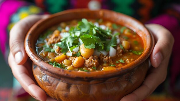 Hand holding a Mexican Pozole