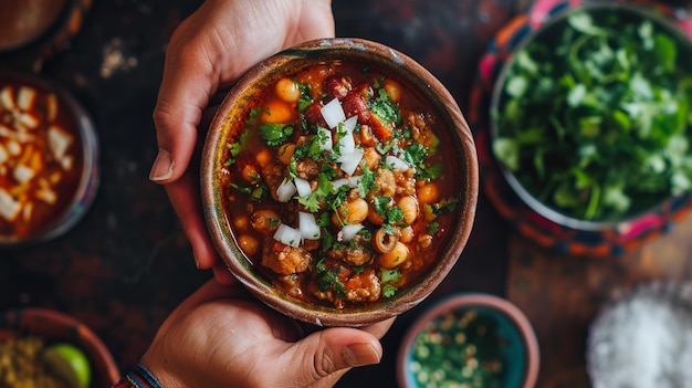 Hand holding a Mexican Pozole