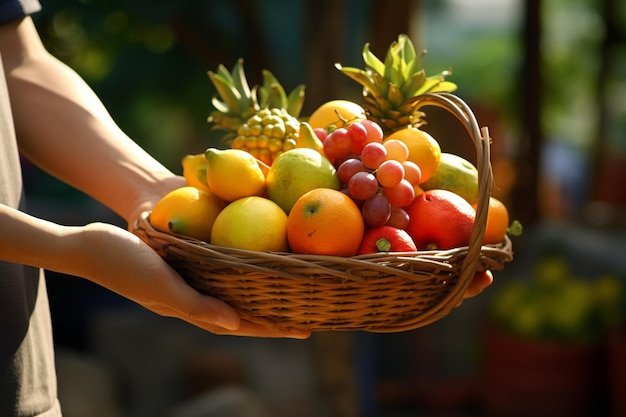 A hand holding a mixed fresh fruits basket bokeh style background